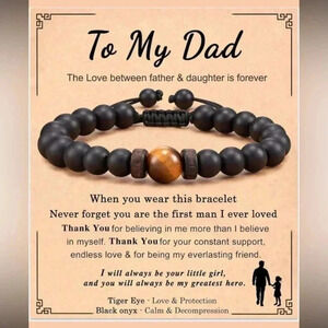 Mens beaded braided tan black bracelet with card for Dads adjustable manly